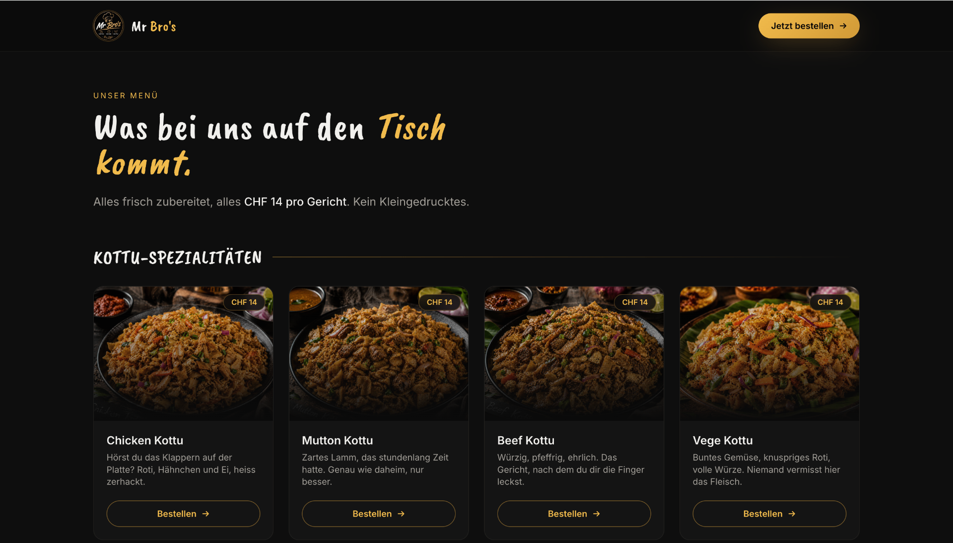 Mr Bro's Menü-Sektion — Kottu-Spezialitäten